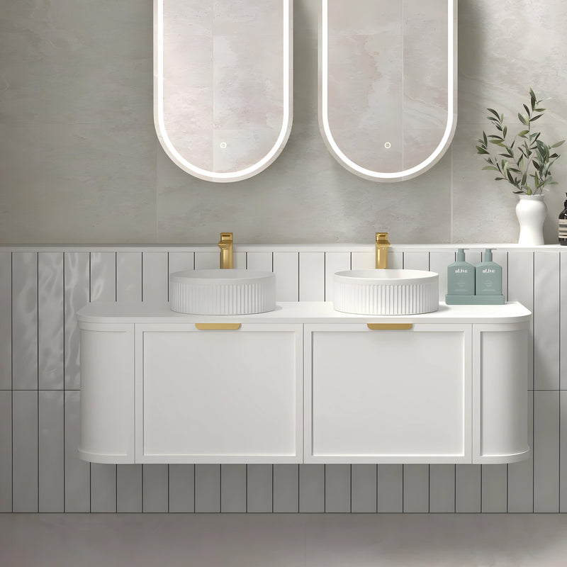OTTI HAMPSHIRE SATIN WHITE 1500MM CURVE DOUBLE BOWL WALL HUNG VANITY