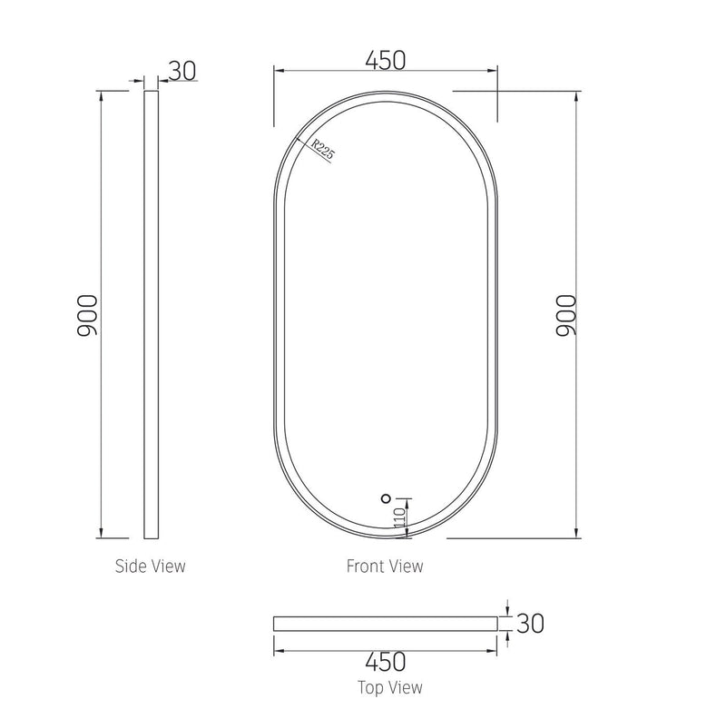 OTTI NOOSA FRAMED OVAL LED MIRROR MATTE BLACK 450X900MM