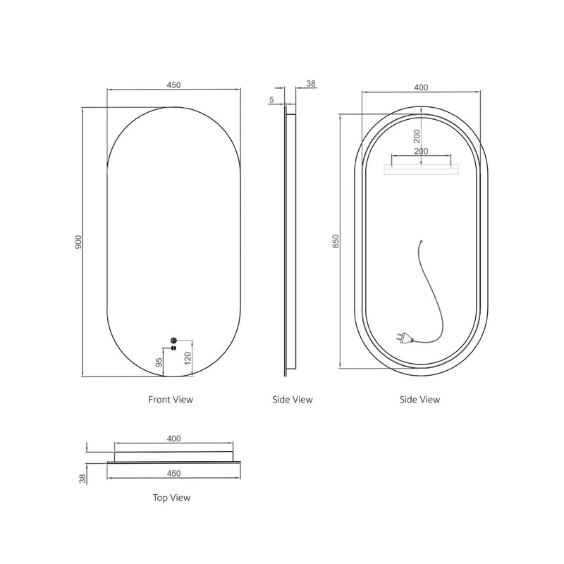OTTI NOOSA FRAMELESS OVAL LED MIRROR 3 COLOUR LIGHTS 450X900MM