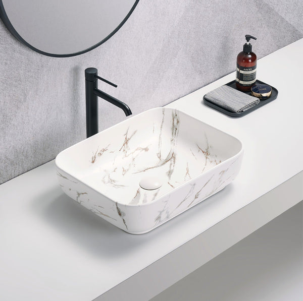 POSEIDON ABOVE COUNTER BASIN MATTE WHITE CARRARA WITH GOLD VEIN 500MM