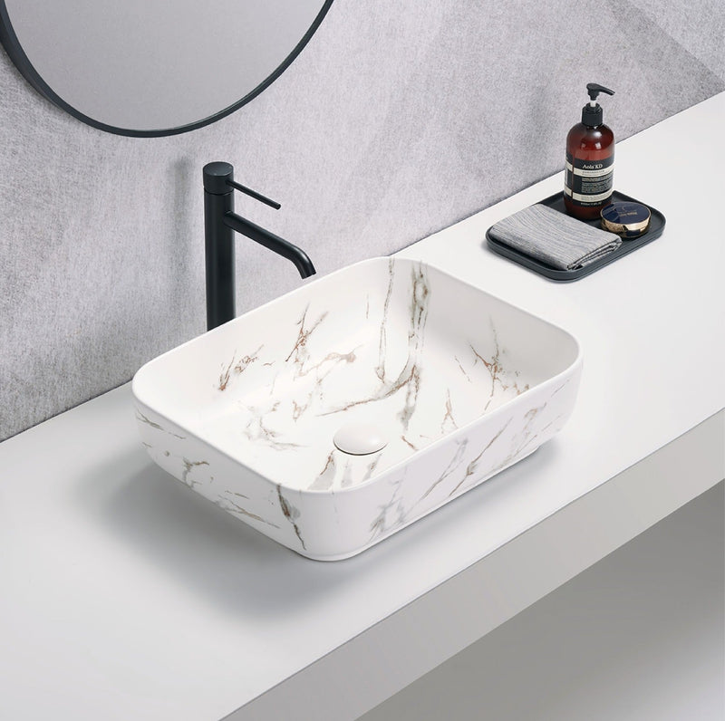 POSEIDON ABOVE COUNTER BASIN MATTE WHITE CARRARA WITH GOLD VEIN 500MM