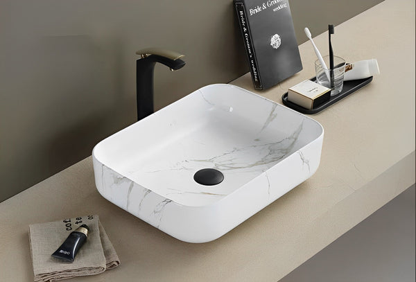 POSEIDON FINE CERAMIC BASIN ULTRA SLIM GLOSS WHITE CARRARA 500MM