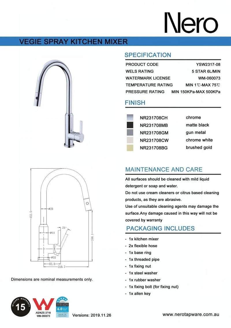NERO PEARL Pull-Out Sink Mixer with Vegie spray function