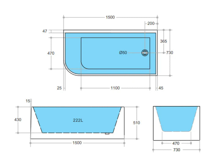 POSEIDON GLOSS WHITE RIGHT CORNER MULTI-FIT BATHTUB 510MM HEIGHT (AVAILABLE IN 1400MM, 1500MM AND 1700MM)