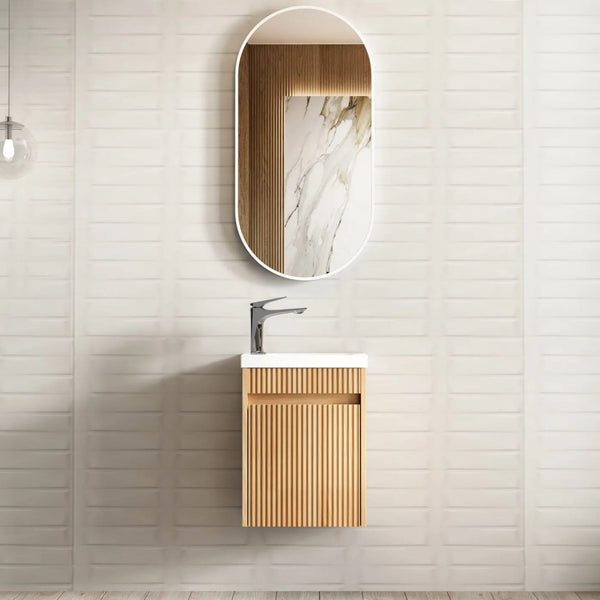 OTTI ENSUITE FLUTED 400MM SPACE SAVING SINGLE BOWL WALL HUNG VANITY WITH CERAMIC TOP
