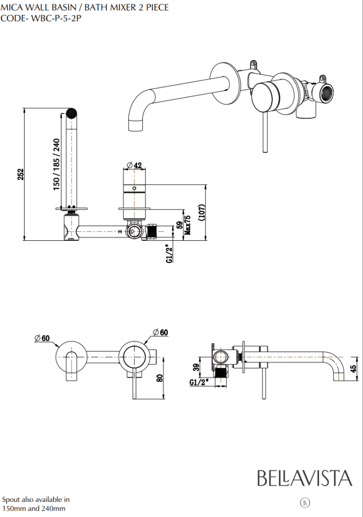 Bella Vista Mica Combo Mixer Spout Upgrade – 150/240mm – Multiple Colours