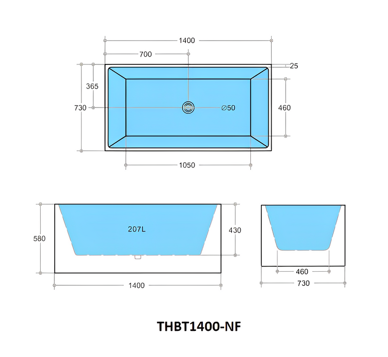 POSEIDON THEO BACK TO WALL BATH NON OVERFLOW GLOSS WHITE (AVAILABLE IN 1000MM, 1200MM, 1300MM, 1400MM, 1500MM AND 1700MM)