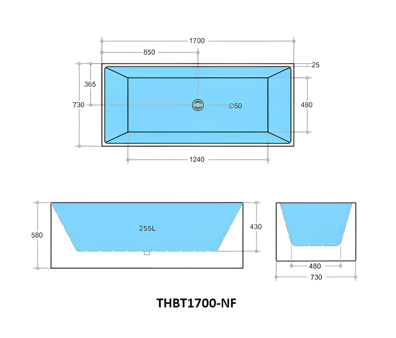 POSEIDON THEO BACK TO WALL BATH NON OVERFLOW GLOSS WHITE (AVAILABLE IN 1000MM, 1200MM, 1300MM, 1400MM, 1500MM AND 1700MM)