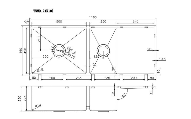 1160x460x230mm 1.2mm Handmade Top/Undermount One and a half Bowls Kitchen Sink