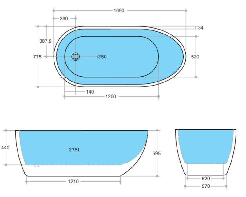 POSEIDON VEDA FREESTANDING BATHTUB GLOSS BLACK AND WHITE 1690MM