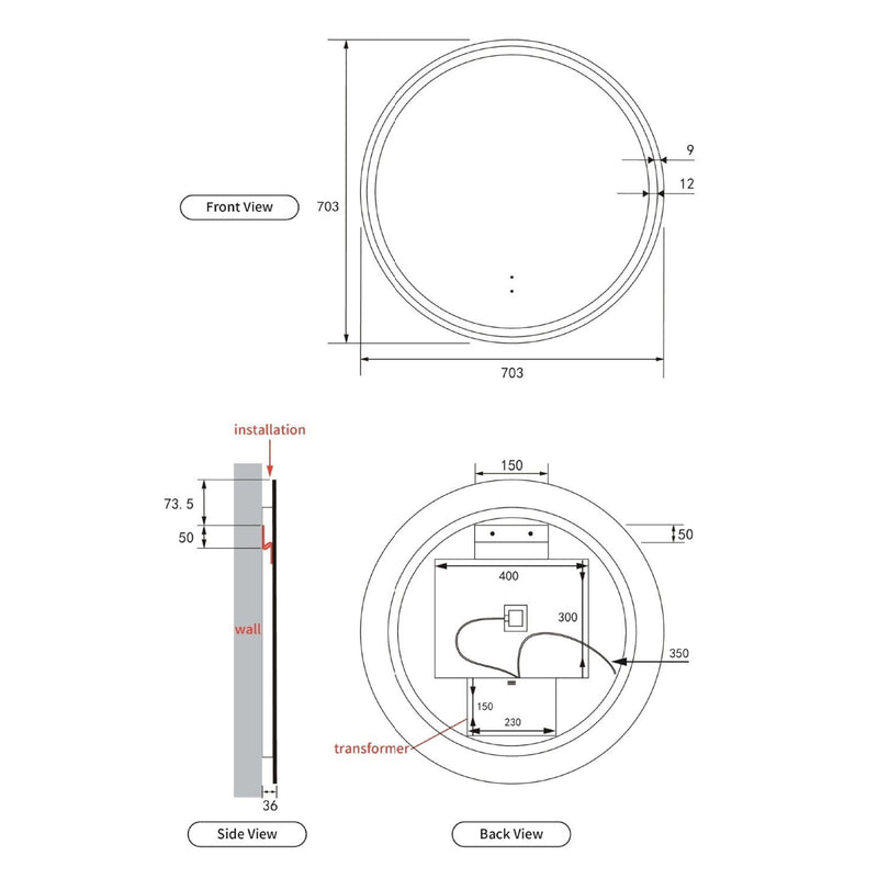 AULIC WINDSOR LED MIRROR BRUSHED NICKEL 3 COLOUR LIGHTS 700MM