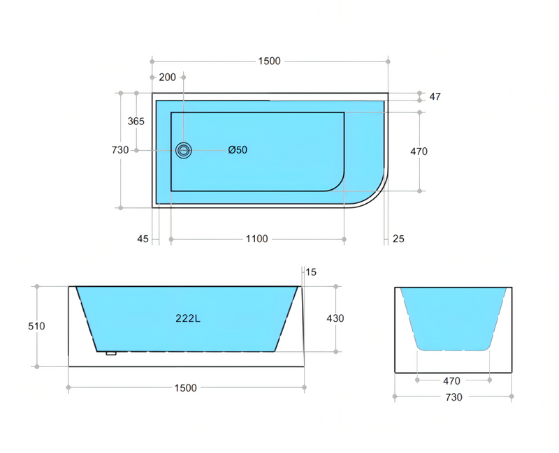 POSEIDON LEFT CORNER MULTI-FIT BATHTUB GLOSS WHITE (AVAILABLE IN 1400MM, 1500MM AND 1700MM)