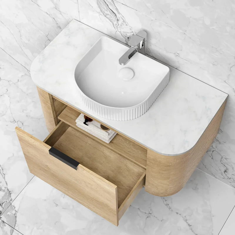 OTTI BONDI NATURAL OAK 750MM CURVE SINGLE BOWL WALL HUNG VANITY
