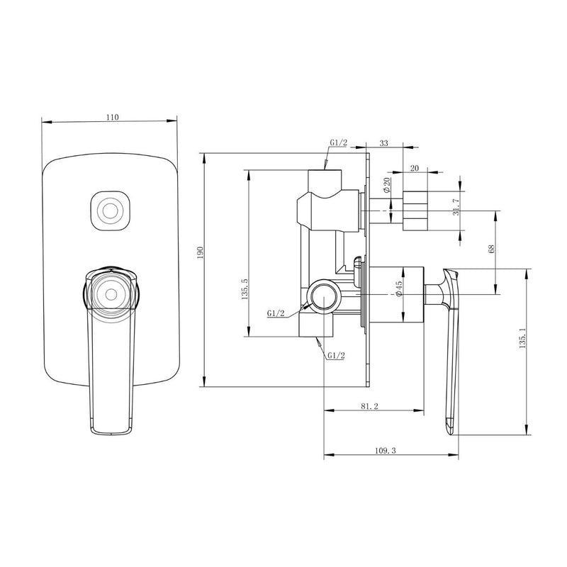 Norico Esperia Matte Black & Chrome Wall Mixer with Diverter